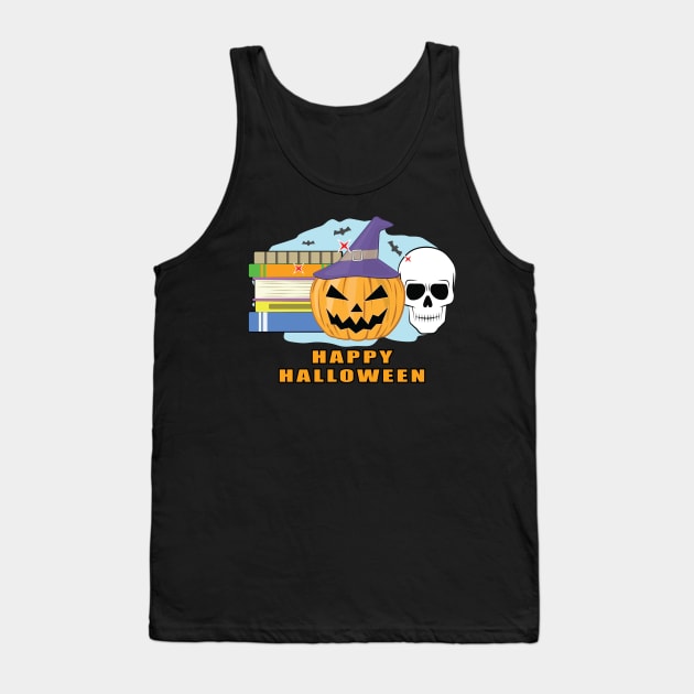 Happy Reading Halloween - Spooky Skull, Pumpkin & Books Tank Top by DesignWood Atelier